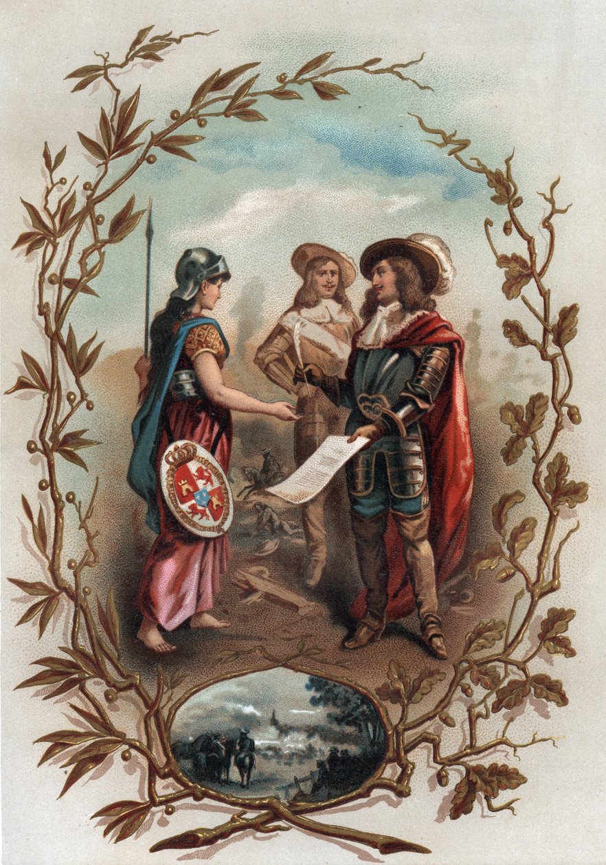 Allegori vedrørende Aachen-traktaten. Underskrevet den 2. maj 1668 mellem Frankrig og Spanien afsluttede han devolutionskrigen og gav Flandern til Frankrig. Kromolitografi i "" Turenne; sa vie, les institutions militaires de son temps"" (1884) af Jules Roy af Anonymous Anonymous