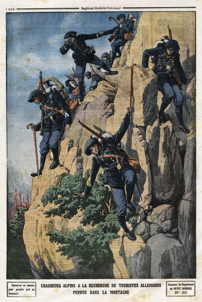 Alpejægere på udkig efter forsvundne tyske turister. De ønskede at tage til bjerget Nero (Helmet du Nero) i Chartreuse-massivet. Indgravering i "" Le Petite Journal"", den 7/07/1912. Privat samling. af Anonymous Anonymous
