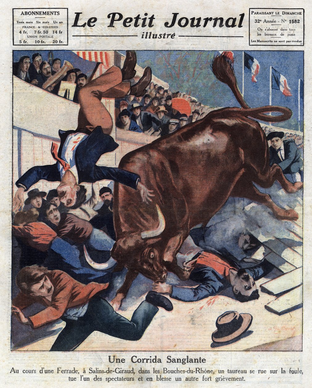 En ulykke under en tyrefægtning i Salins-de-Giraud (Salins de Giraud) (Bouches du Rhone), en tyr udfældes i mængden og sårer en af tilskuerne. Illustration fra "" Le petit journal"" fra 17/04/1921, privat samling af Anonymous Anonymous