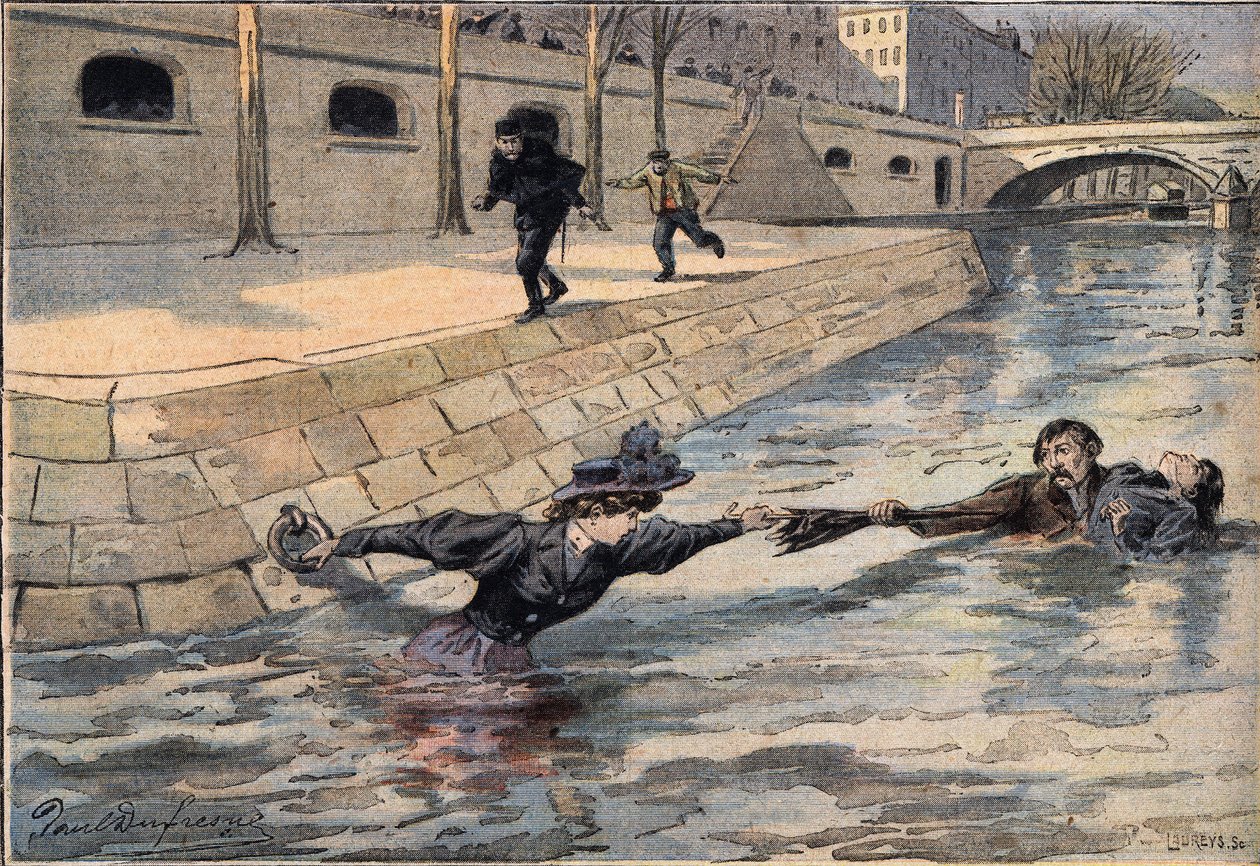 En genial redning: nær den Hellige Faders bro bliver en kvinde, der har fældet i noten, reddet af en mand, der hjalp en anden kvinde. Gravering fra avisen "" Le Petite Parisien"", 8/03/1908. Privat samling. af Anonymous Anonymous