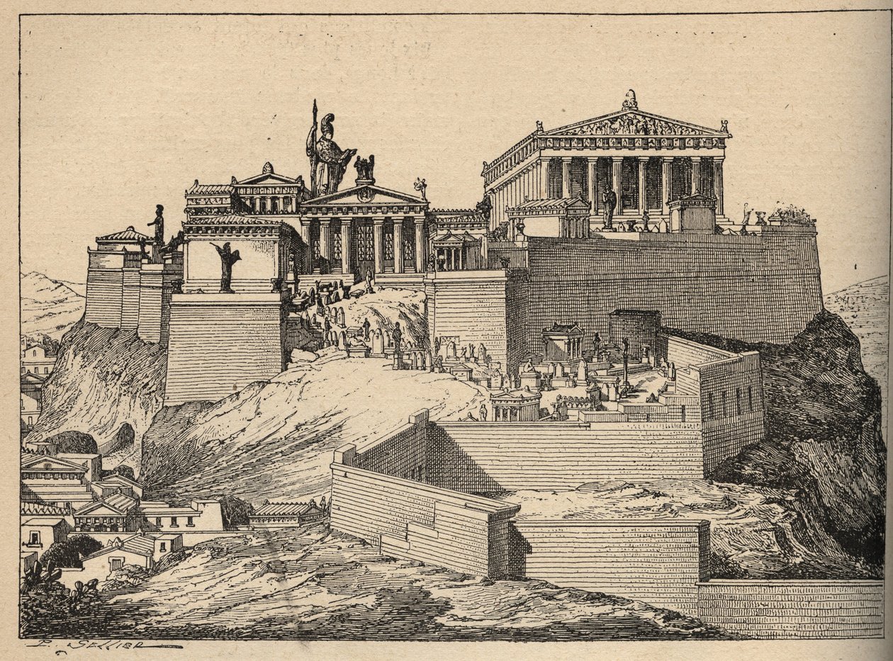 Antikkens Grækenland: Parthenon, Athenas tempel, på bakken af Athens Akropolis (Det antikke Grækenland: Athen, Akropolis - Parthenon - gravering 1890 af Anonymous Anonymous