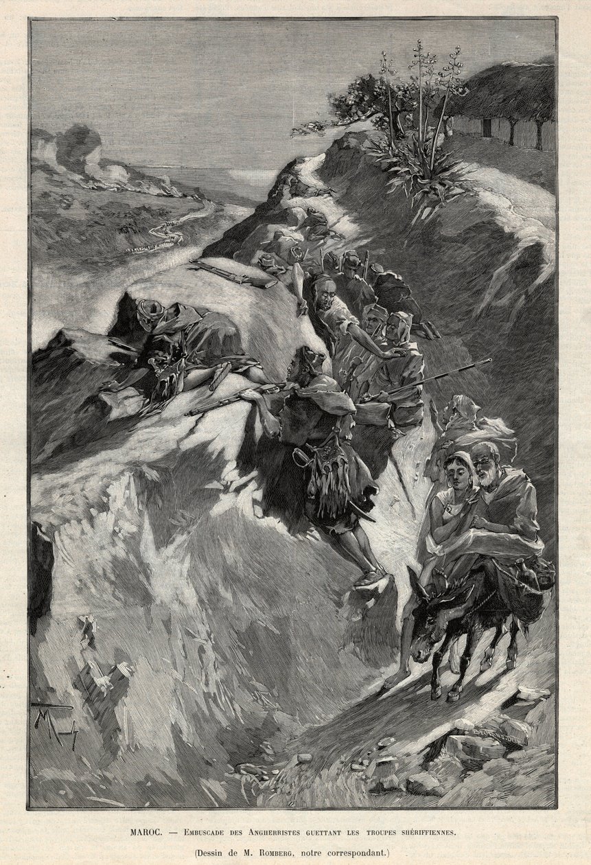 Andjera-bjergopstanden i Marokko: baghold af angherrister, der venter på sheriffiske tropper. Stik i “Le monde illustree”” fra 1892. Privat samling. af Anonymous Anonymous