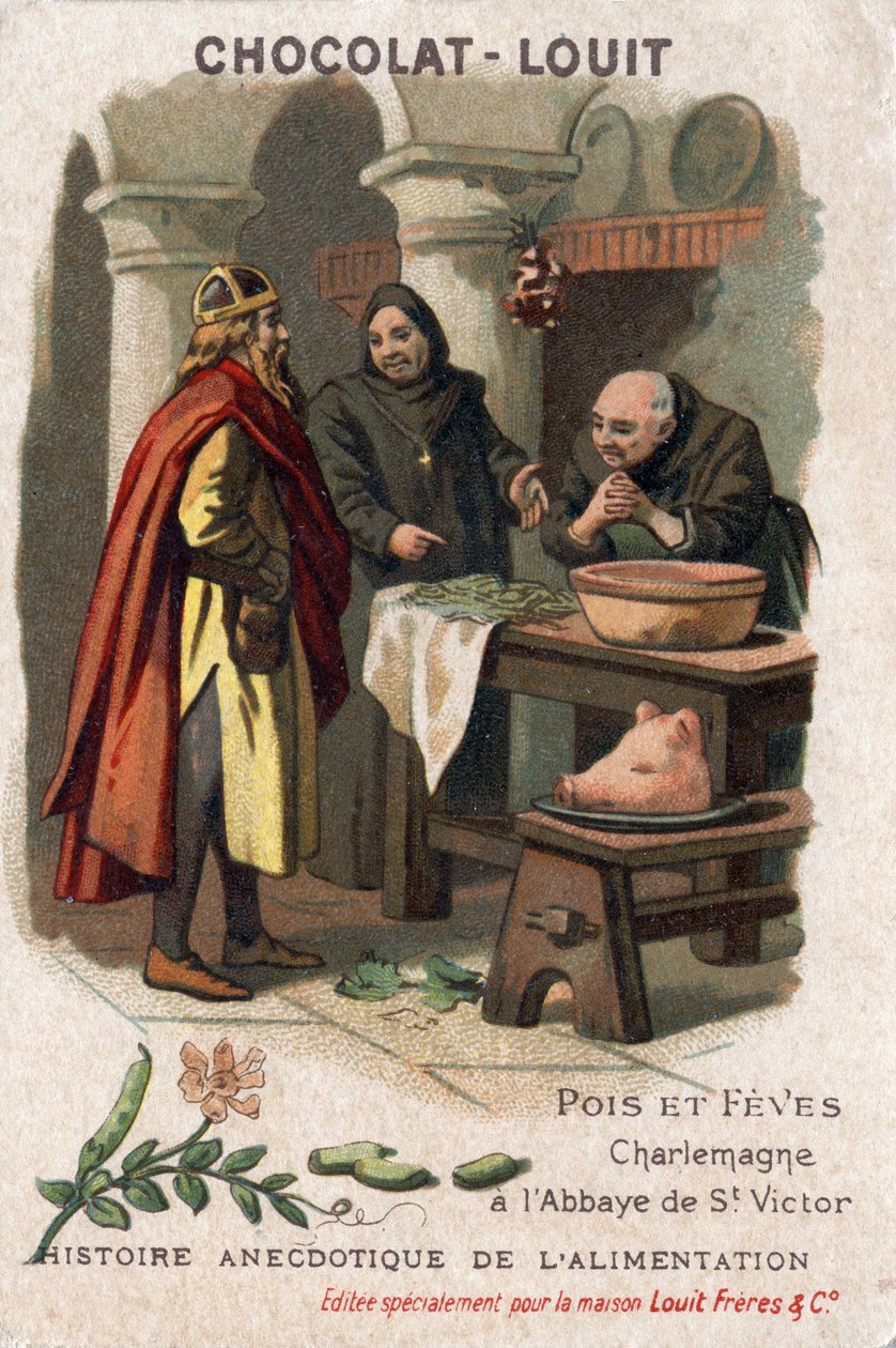 Anekdotisk historie om mad: ærter og feber. Karl den Store (Karl I, kendt som Karl den Store, 742-814) beder om opskriften fra munkene i klosteret Saint Victor, som tilberedte ærter på en bemærkelsesværdig måde. Chokolade-Louit kromolitografi, slutningen a af Anonymous Anonymous