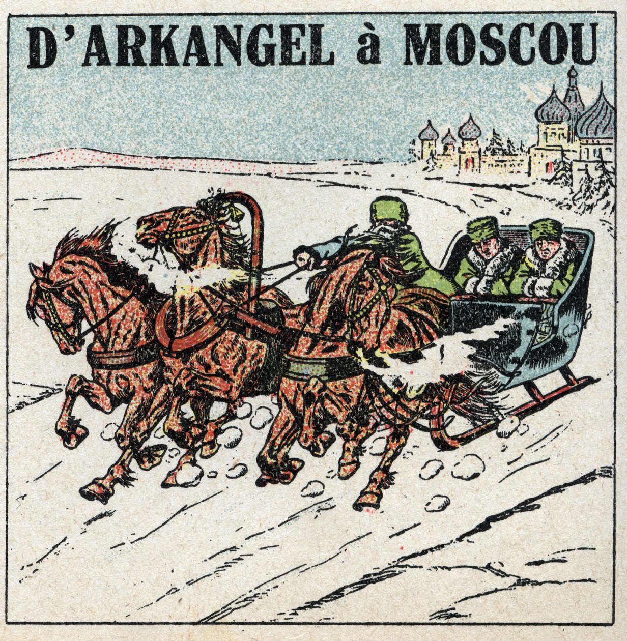 Dyretræk: fra Arkangel til Moskva. En trojka i Rusland. Anonym illustration fra 1925. Privat samling. af Anonymous Anonymous