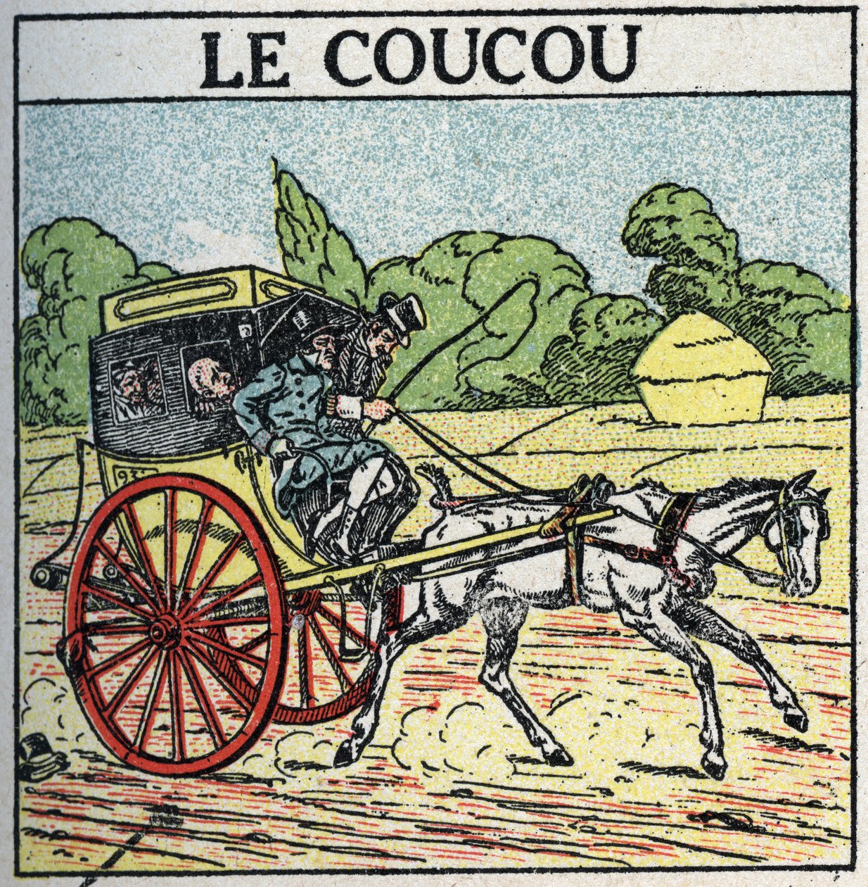 Dyretræk: gøg, offentlig transport brugt i Frankrig fra midten af 1700-tallet til midten af 1800-tallet, også kaldet "kammerpotte". Anonym illustration fra 1925. Privat samling. af Anonymous Anonymous