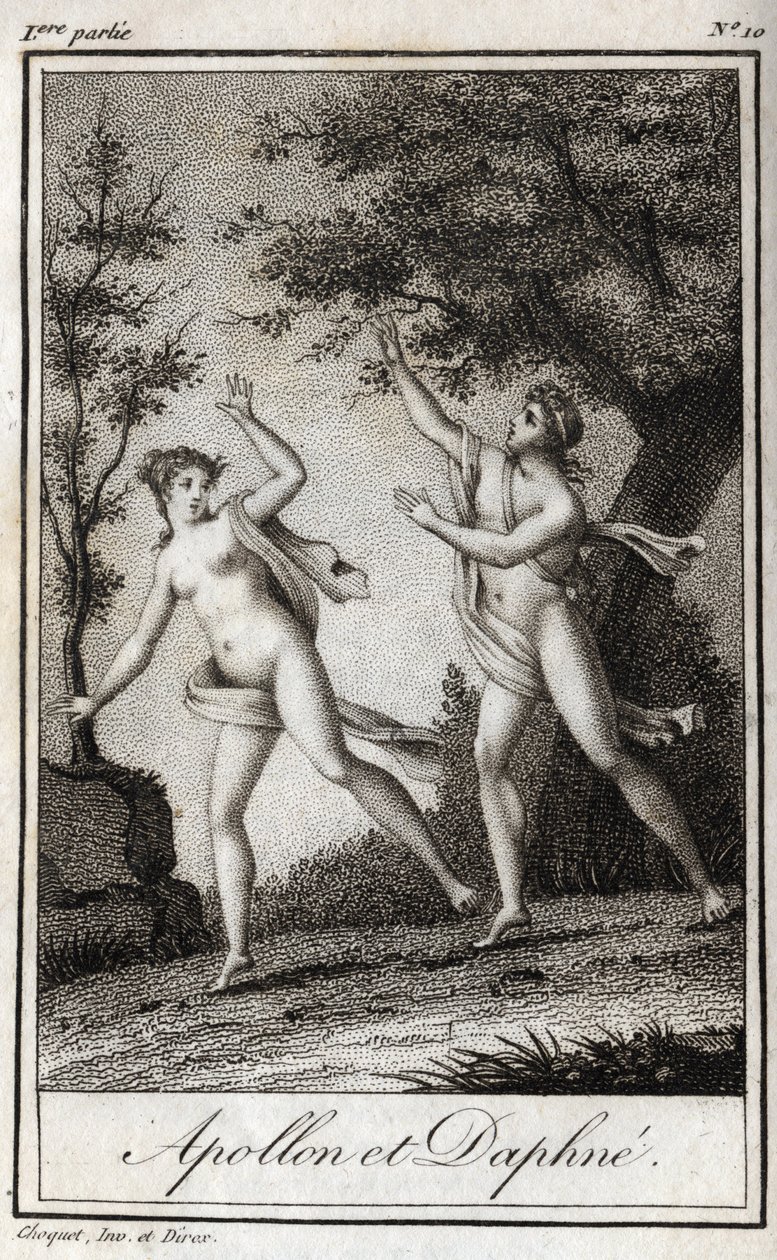 Apollo og Daphne. Nymfen Daphne bliver til en laurbær for at undslippe Apollo. Stik fra 1819 i "Lettres a Emilie sur la mythologie" af Charles Albert Demoustier (1760-1801). Privat samling. af Anonymous Anonymous