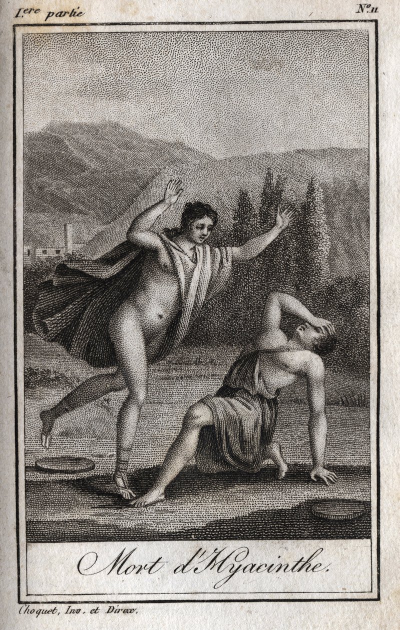 Apollo og Hyacinthos (Hyacinthes død) Indgravering af 1819 i "Lettres a Emilie sur la mythologie" af Charles Albert Demoustier (1760-1801). Privat samling. af Anonymous Anonymous