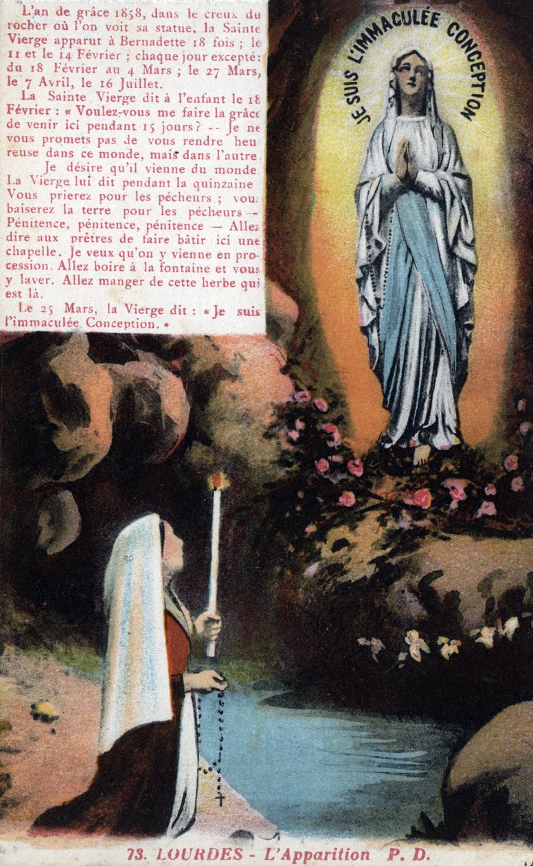 Optræden af Jomfru Maria Bernadette Soubirous (1844-1879) i hulen Lourdes - Hautes Pyrenees (65) postkort omkring 1900. af Anonymous Anonymous
