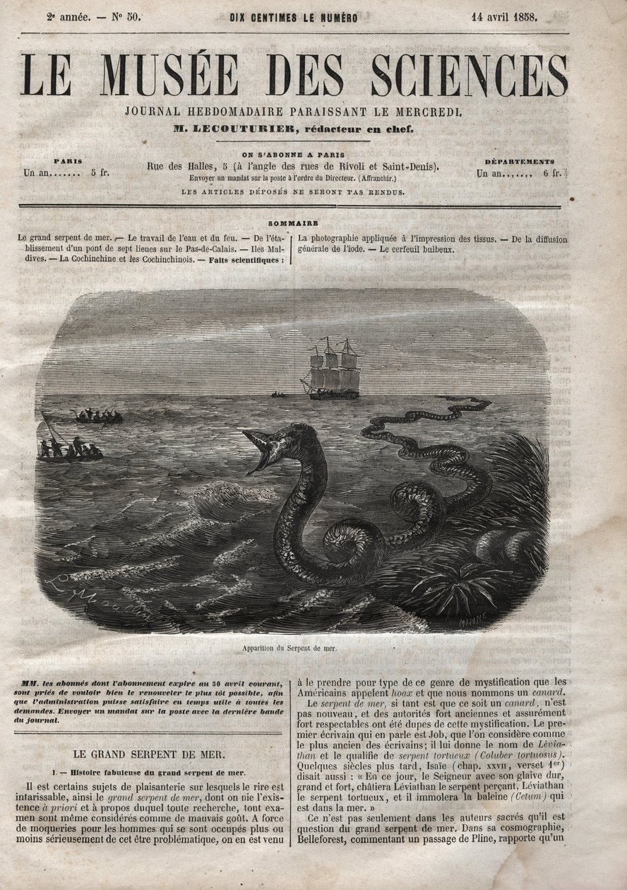 Havslangens udseende. Stik fra 1858. Et af "Musee des sciences"" af 14. april af Anonymous Anonymous