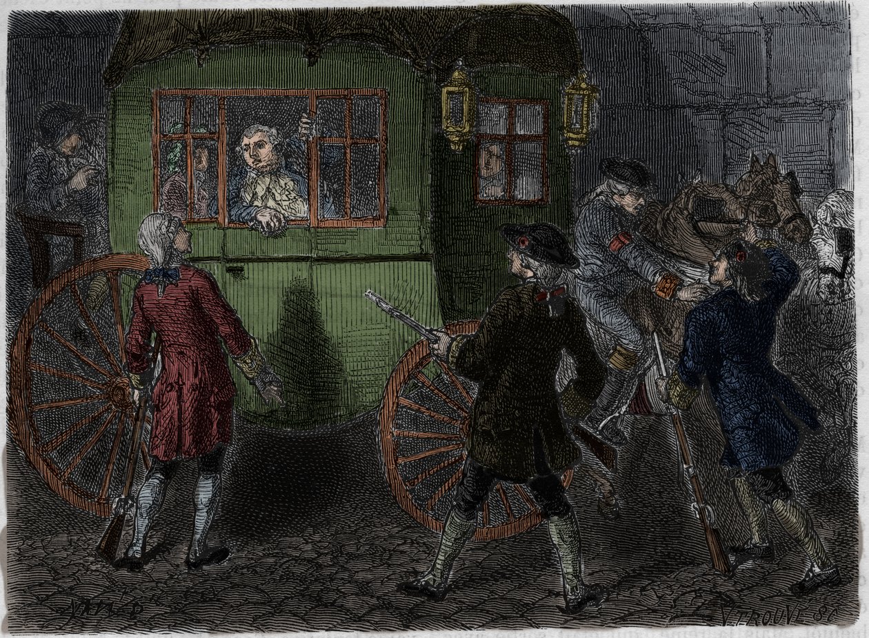Arrestation af Ludvig XVI (1754-1793) og hans flygtende familie i Varennes den 21. juni 1791. Stik fra 1866 i "Histoire de la Revolution francaise"" af Adolphe Thiers. . af Anonymous Anonymous