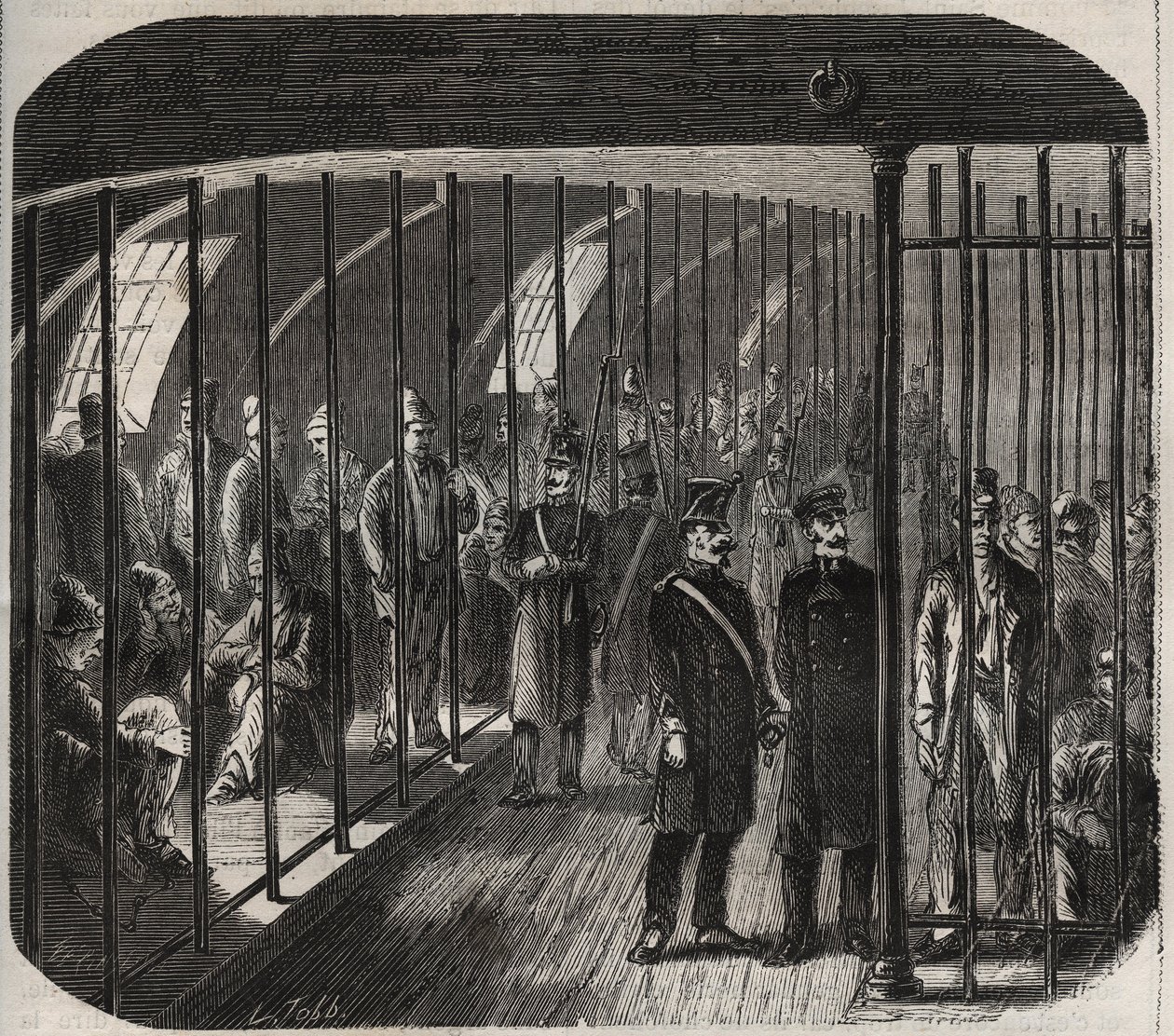Ankomst af styrkerne om bord under konvojen fra Toulon til Cayenne (Guyana) i henhold til dekretet af 8. december 1851. Indgravering i "Historien om fængslerne fra deres oprettelse til i dag"" (1877) af Pierre Zaccone (1817- 1895) (Colonia Penale - Penal c af Anonymous Anonymous