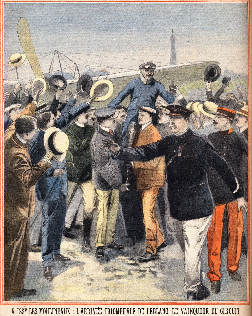 Ankomst triumf af Alfred LeBlanc (1869-1921), fransk pilot, vinder af luftkredsløbet ved Issy Les Moulineaux (Issy-Les-Moulineaux). Indgravering i "Den lille pariser" den 14.08.1910 af Anonymous Anonymous
