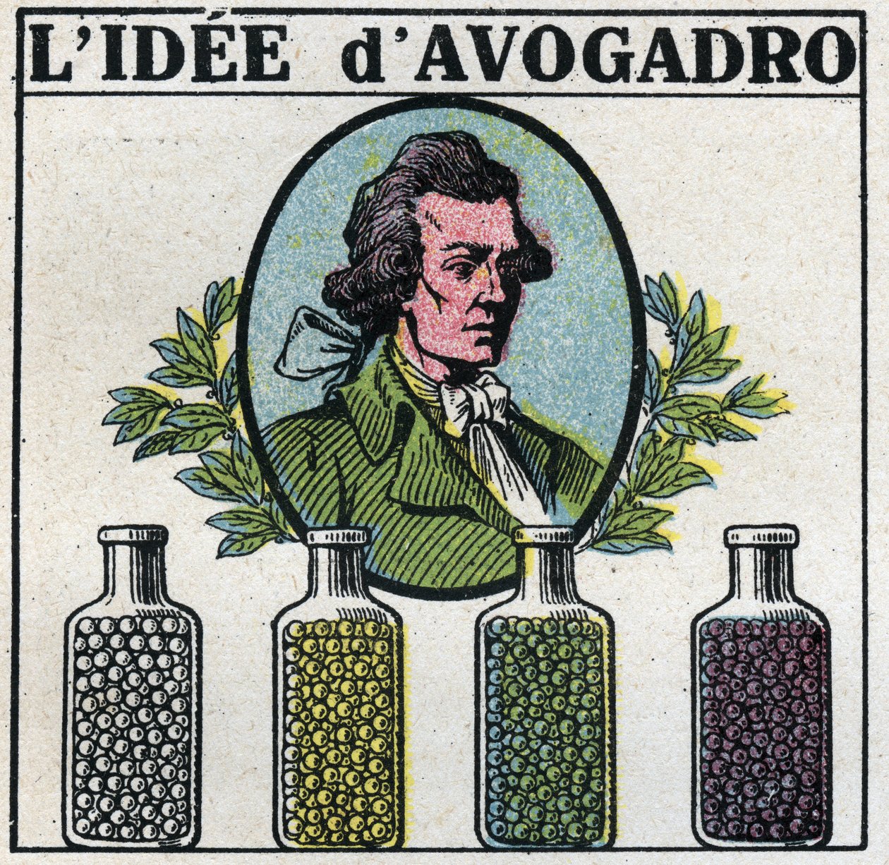 Atomer: Ideen om Amedeo Avogadro (1776-1856). Anonym illustration fra 1925. Privat samling. af Anonymous Anonymous