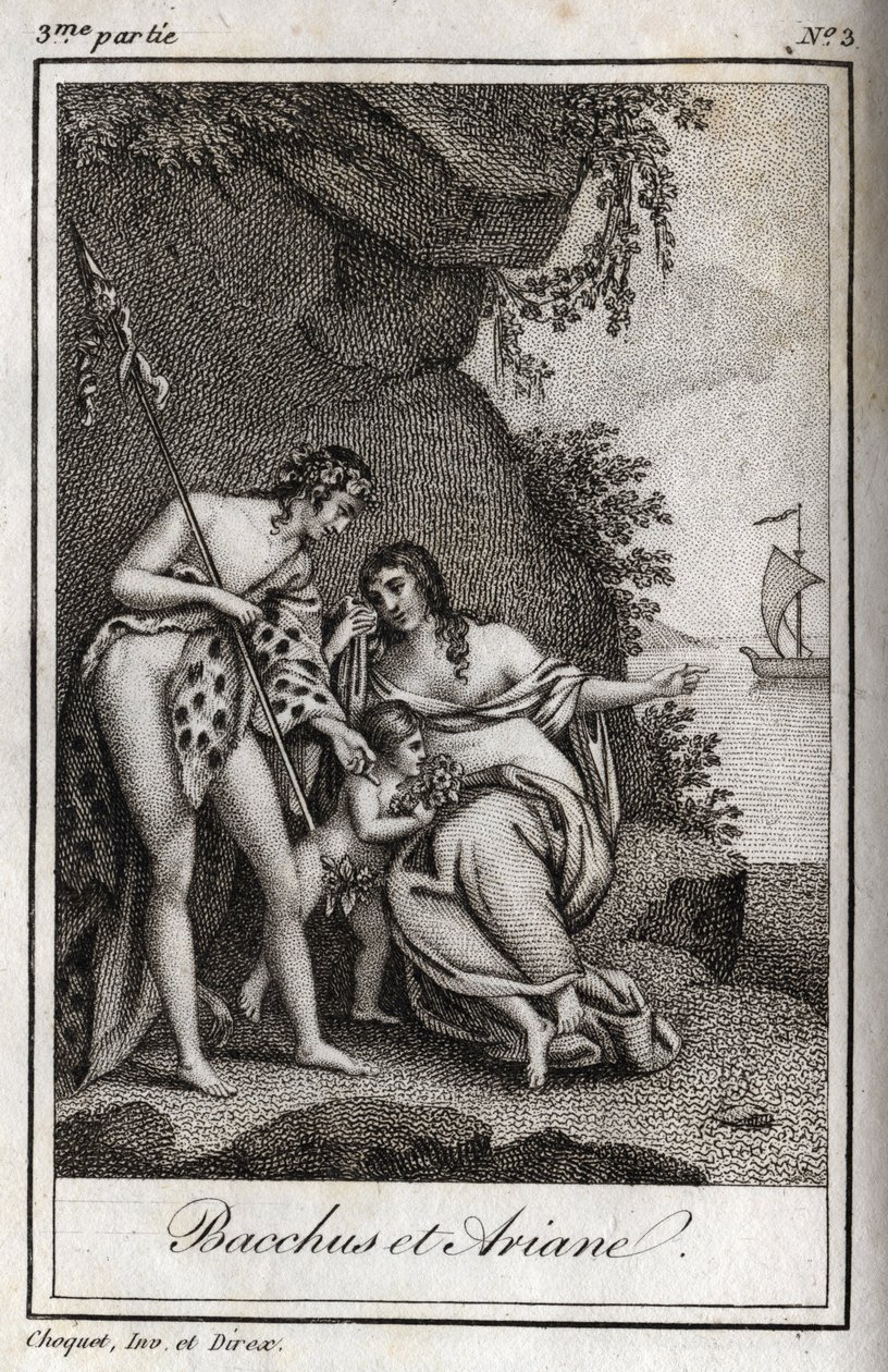 Bacchus et Ariane (Bacchus og Ariadne) Stik fra 1819 i "Lettres a Emilie sur la mythologie" af Charles Albert Demoustier (1760-1801). Privat samling. af Anonymous Anonymous