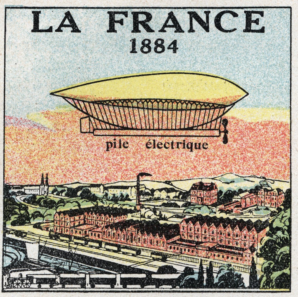 Balloner: luftskibet "" La France"" i 1884 ved hjælp af det elektriske batteri opfundet af franskmændene Renard og Krebs. Anonym illustration fra 1925. Privat samling. af Anonymous Anonymous