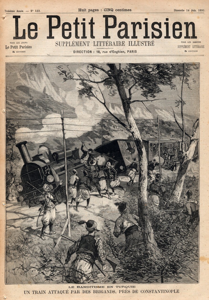 Banditry i Tyrkiet, et tog angrebet af røvere nær Konstantinopel. Stik i "" Le petit Parisien"" fra 1891. Privat samling. af Anonymous Anonymous