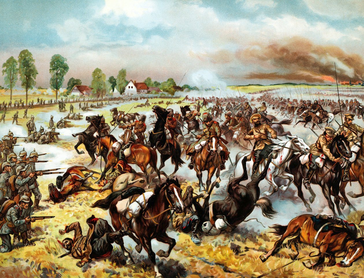 Slaget ved Tannenberg (nu Stebark, Polen) (1914) - mellem den tyske 8. armé og den russiske første og anden armé - Slaget ved Tannenberg, august 1914 - Anonym - 1914 - Farvelitografi - 32,6x41,8 - Privat samling af Anonymous Anonymous