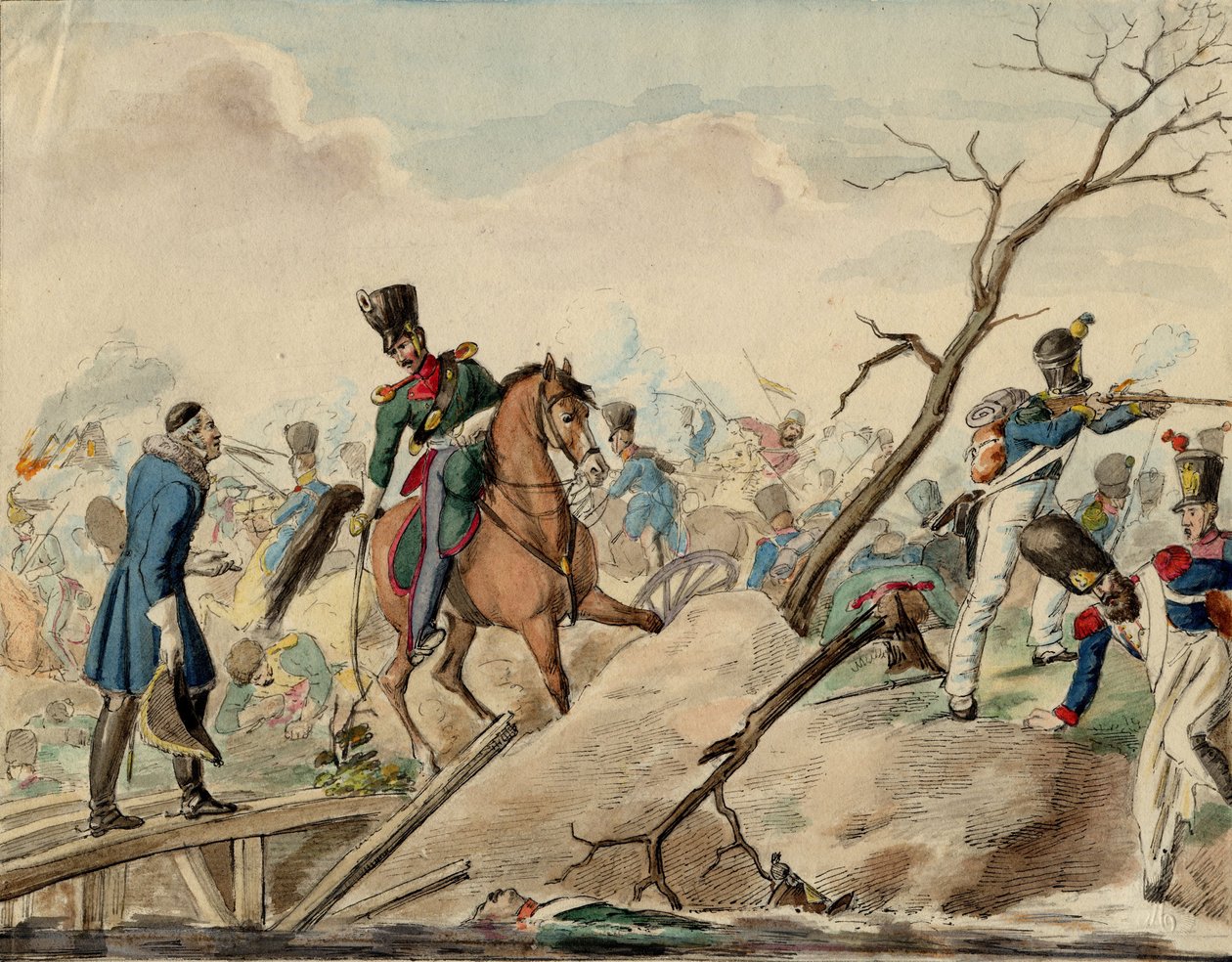 Bataille de Leipzig (bataille des Nations) - En episode fra slaget ved Leipzig - Anonym - 1813 - Akvarel på papir - 16,2x20,8 - Privat samling af Anonymous Anonymous