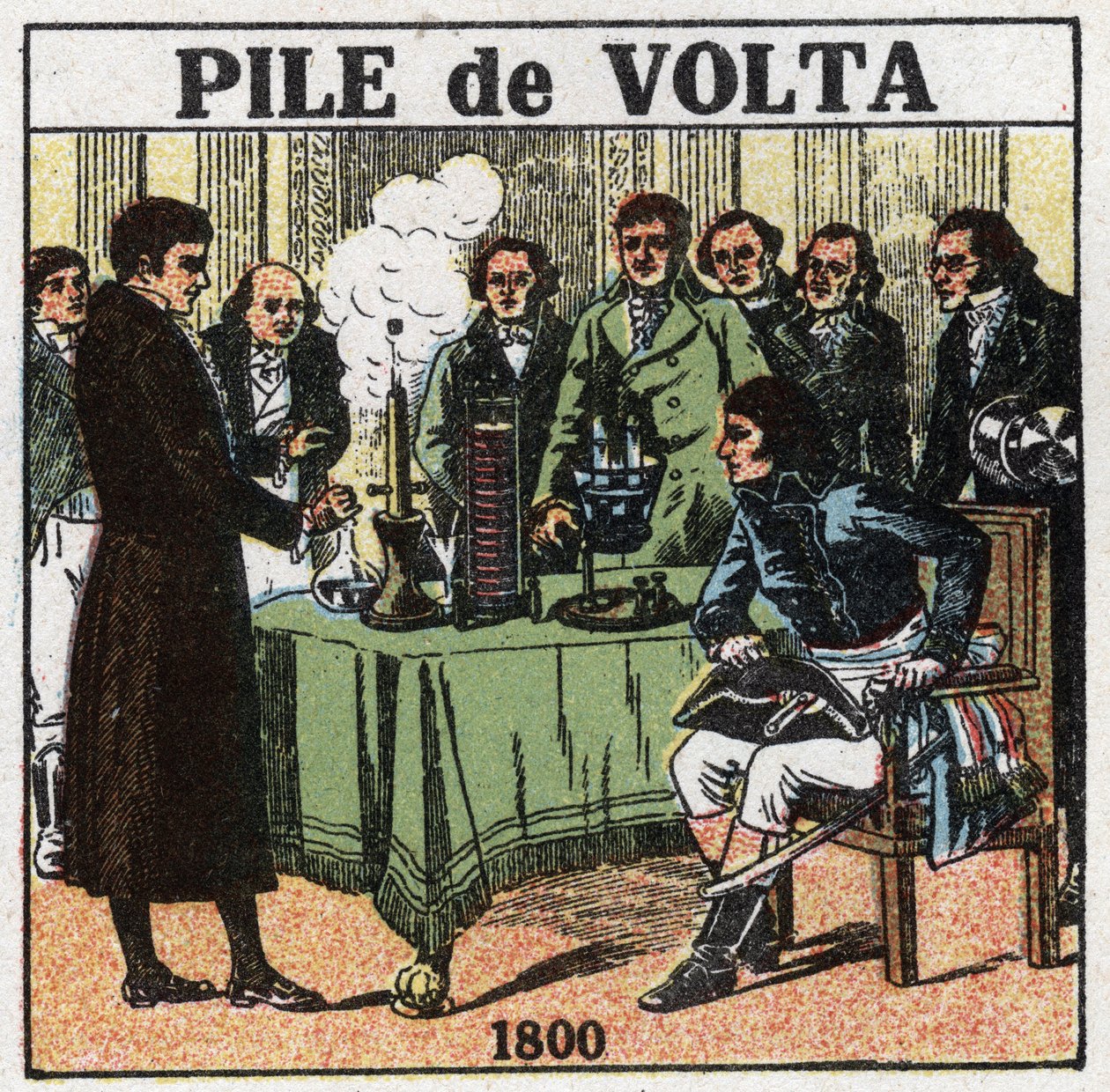 Batterier og akkumulatorer: Alessandro (Alexandre) Volta (1745-1827) præsenterede i 1801 for konsul Napoleon Bonaparte (1769-1821) ved Institut national de France resultaterne af hans eksperimenter, som gjorde ham i stand til at opfinde det elektriske batt af Anonymous Anonymous