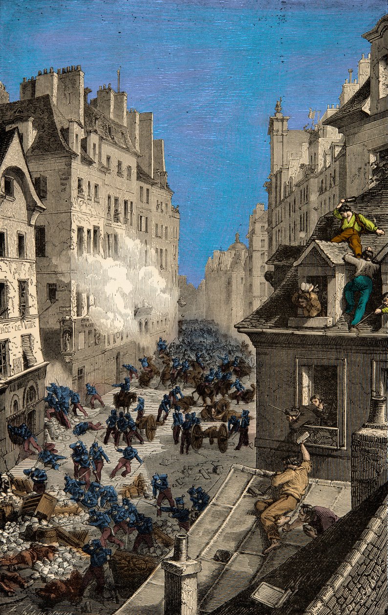 Slaget ved barrikaden i Rue Saint Antoine i 1830, gravering, privat samling af Anonymous Anonymous