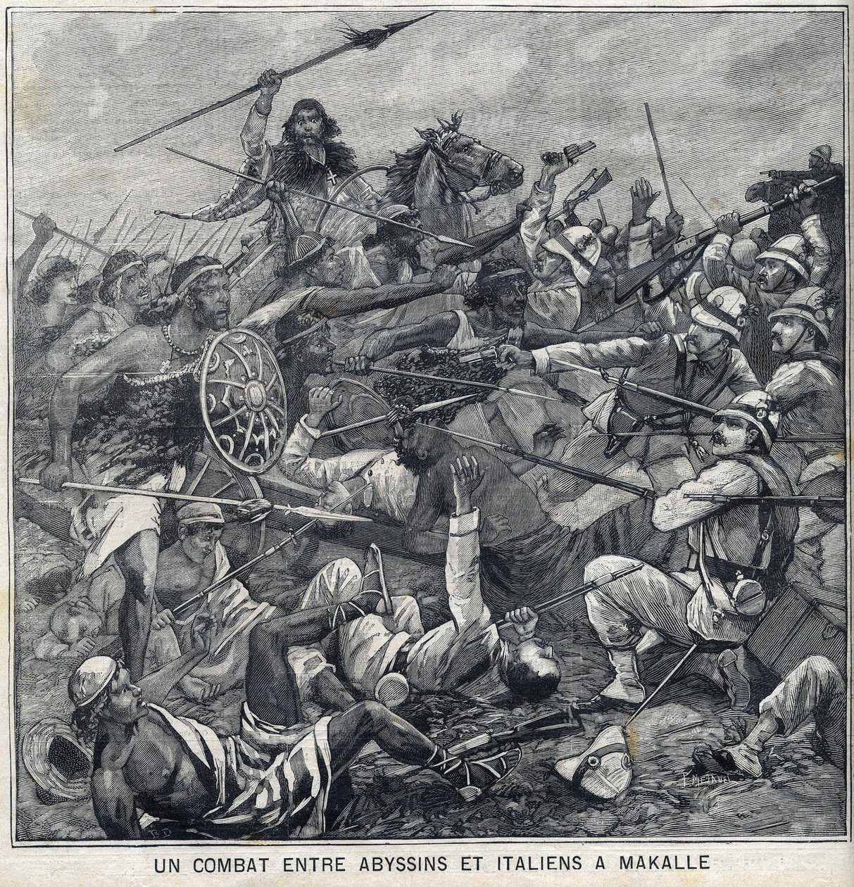 Kamp mellem Abyssins of Menelik II og italienere i Makalle, Etiopien. Gravering i "" Le Petite Parisien"" af Anonymous Anonymous