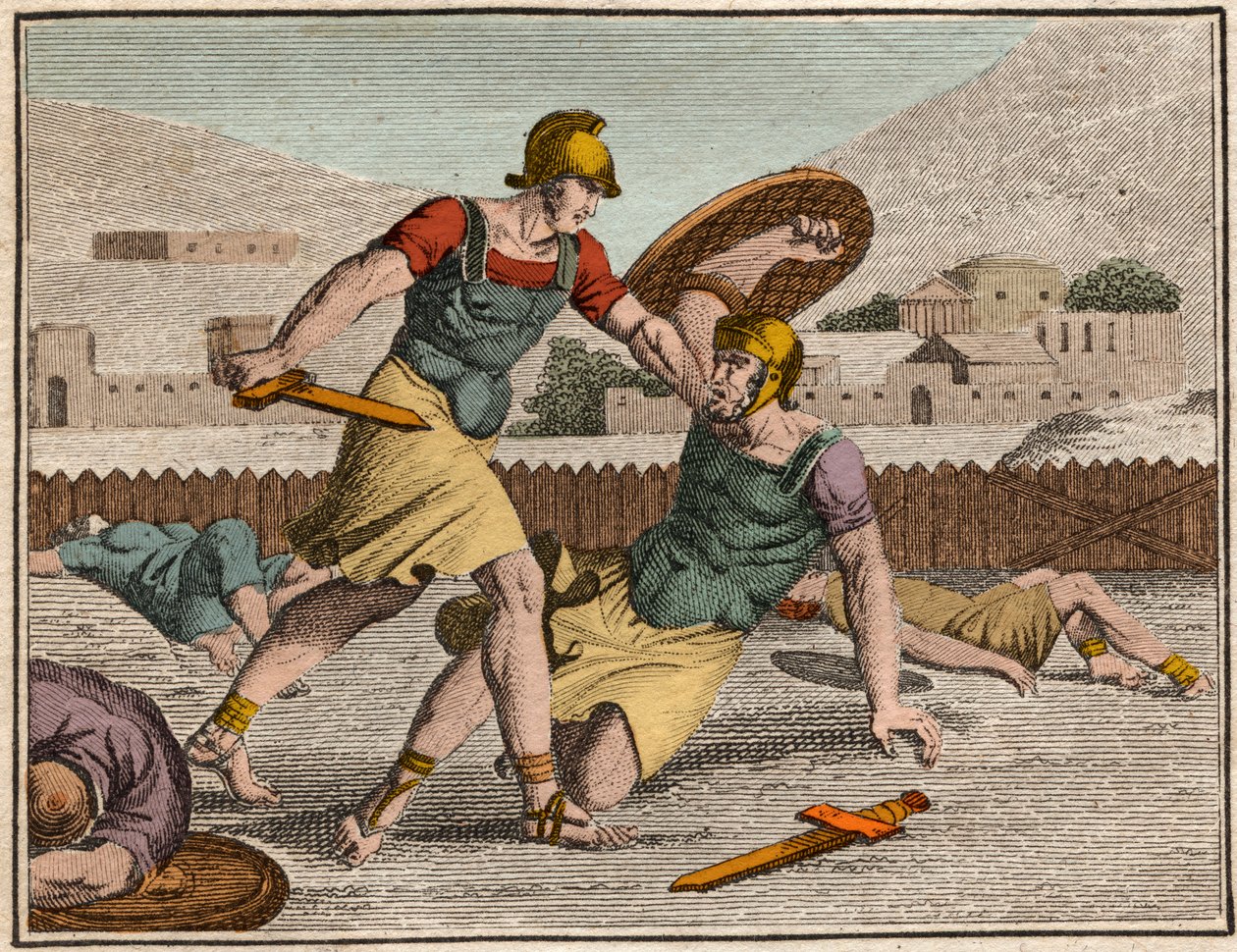 Slaget ved Horaces og Curiaces - Slaget mellem Horatii og Curiatii - Indgravering fra "" Ungdommens Rollin eller udvalgte stykker af antikke og romerske historier"" 1816 - Privat samling af Anonymous Anonymous