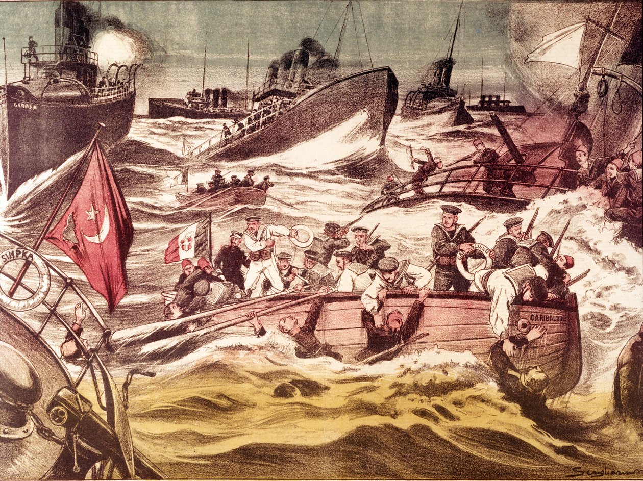 Slaget ved Kunfuda (Kunfida Kunfidah): søslag udkæmpet den 7. og 8. januar 1912, under den italiensk-tyrkiske krig (1911-1912), i Det Røde Hav, foran havnen i Kunfuda, Saudi-Arabien. af Anonymous Anonymous