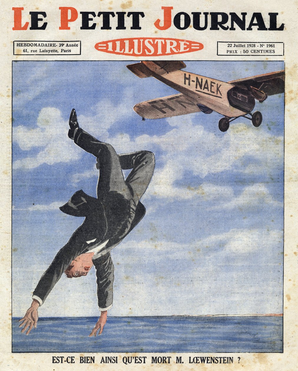 Den belgiske bankmand Alfred Loewenstein døde (1877-1924), da han faldt fra et fly ned i den engelske kanal den 4. juli 1928, "Le petit journal illustre" af Anonymous Anonymous