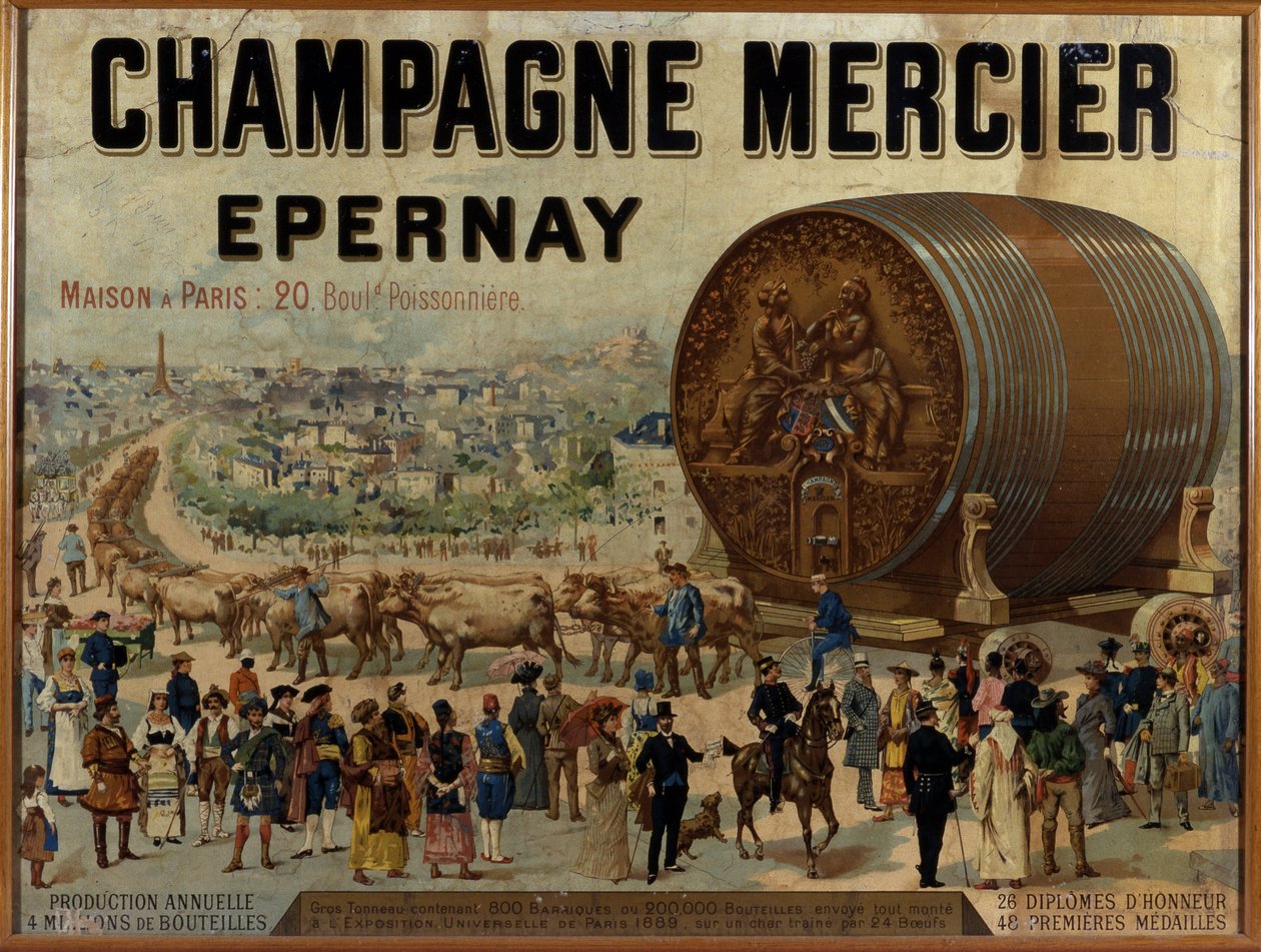 Stor tønde champagne udstiller på Expo Universelle de 1889 - Reklameplakat for Mercier champagne, slutningen af det 19. århundrede af Anonymous Anonymous