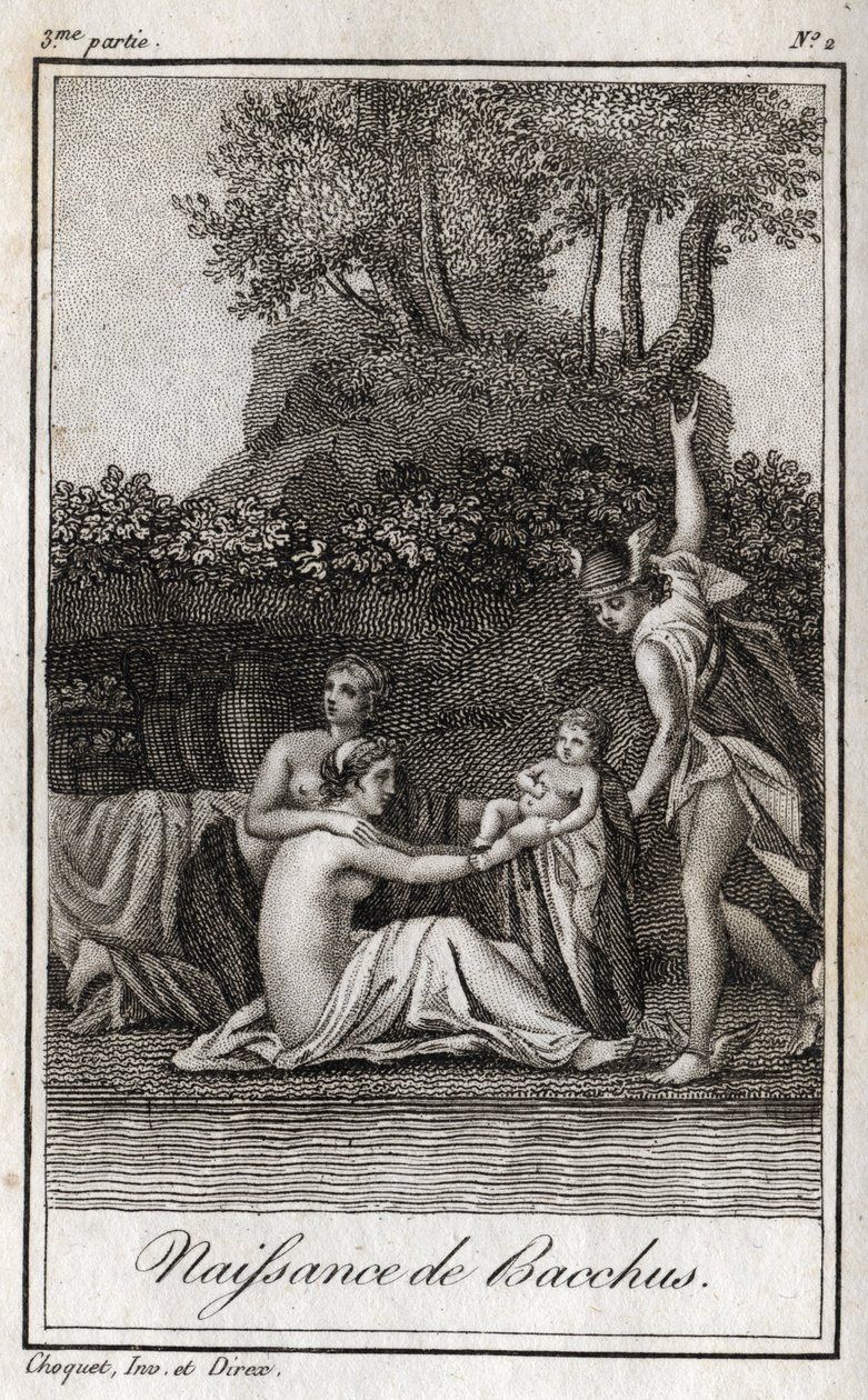 Fødsel af Bacchus, søn af Jupiter og Semele. Stik fra 1819 i "Lettres a Emilie sur la mythologie" af Charles Albert Demoustier (1760-1801). Privat samling. af Anonymous Anonymous