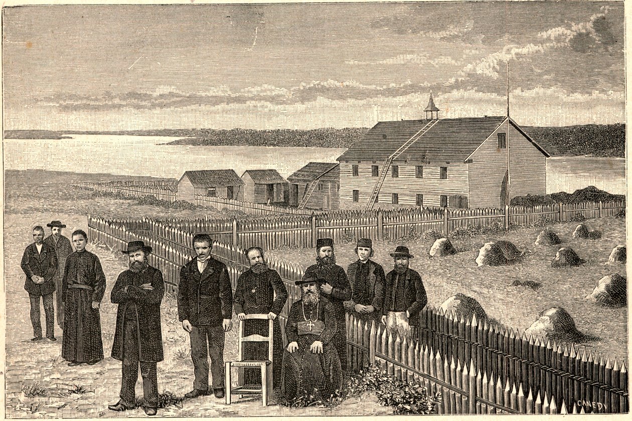 Biskop Isidore Clut (1832-1903), R.P. Le Corre og andre medlemmer af Providence-missionen i Athabaska Mackenzie (Athabaska-Mackenzie) i Canada i slutningen af det 19. århundrede. Indgravering i "Les Missions Catholiques au XIXeme Siecle"" af Louis-Eugene ( af Anonymous Anonymous