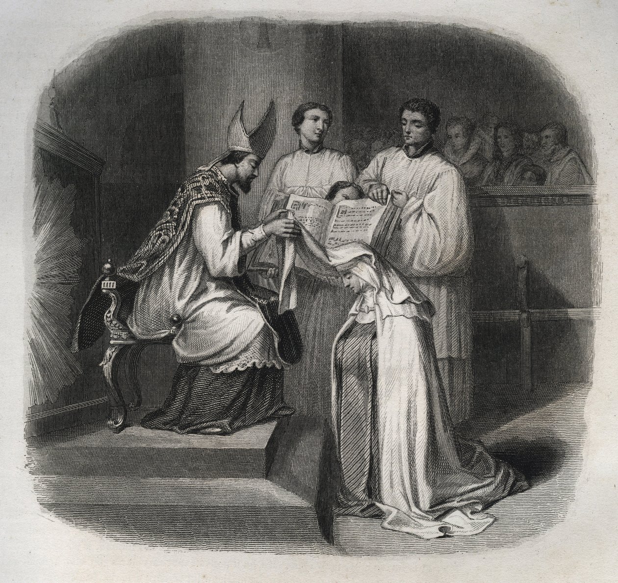 Hellige Maria af inkarnationen (skæg Jeanne Avrillot) (1566-1618) Fransk mystiker, der modtager karmelitens slør i 1614. Indgravering fra 1846 i "" Helgenernes liv"". Privat samling. af Anonymous Anonymous