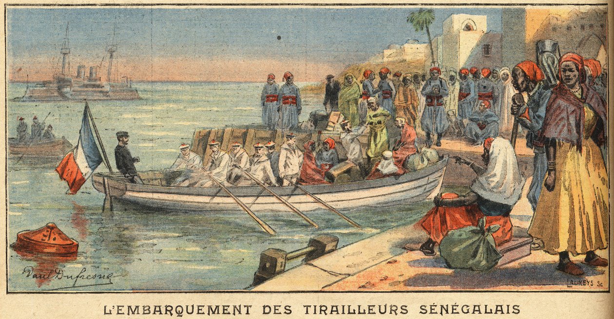 Boarding senegalesiske ryttere med deres kone. Gravering fra avisen "" Le Petite Parisien"", den 22/03/1908. Privat samling. af Anonymous Anonymous