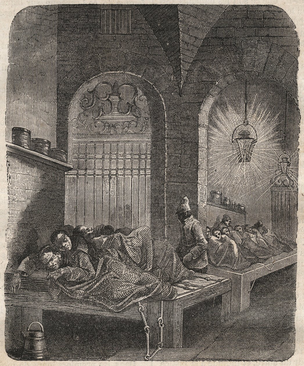 Brests fængsel om natten. Indgravering i "De dømtes historie fra deres skabelse til i dag" "(1877) af Pierre Zaccone (1817-1895) (Colonia Penale - Straffekoloni). Privat samling. af Anonymous Anonymous