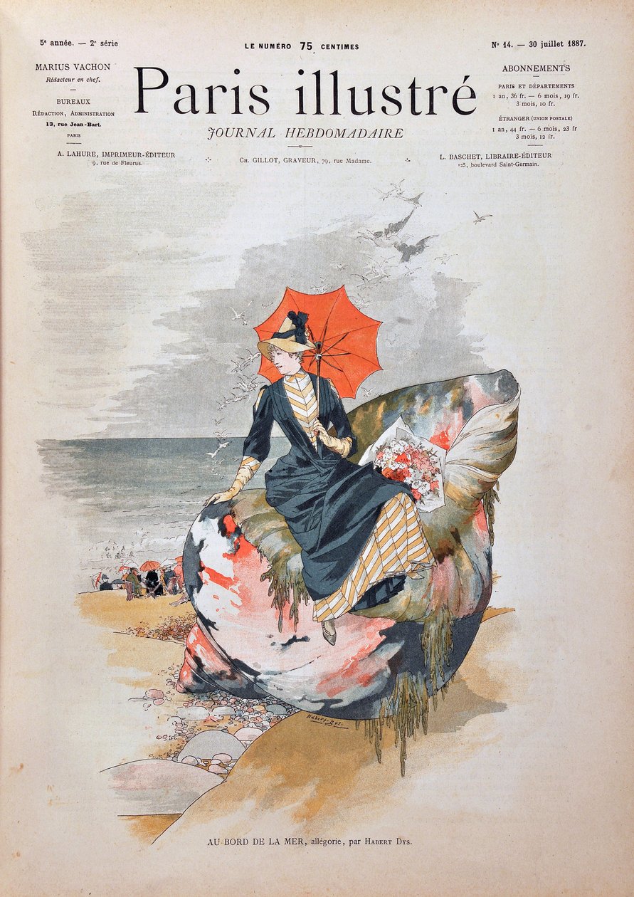 Ved havet, allegori af Habert Dys. Elegant kvinde med en paraply, der sidder på en kæmpeskal, poserer på sandet på en strand. Indgravering fra 1887 i "" Paris-Illustrous journal weekly"". af Anonymous Anonymous