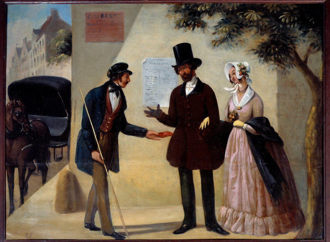Cabaret-skilt "" Au coc fidele"", en parisisk kusk, der tilbyder sine tjenester til et par. Anonymt maleri fra det 19. århundrede. Sol. 0,64x0,84 m Paris, Musee Carnavalet af Anonymous Anonymous