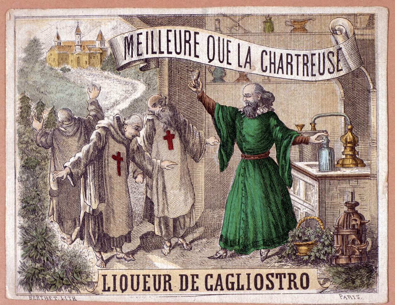 Cagliostro likør fremstillet af destillation af aromatiske urter af munke. kromolitografi fra det 19. århundrede. af Anonymous Anonymous