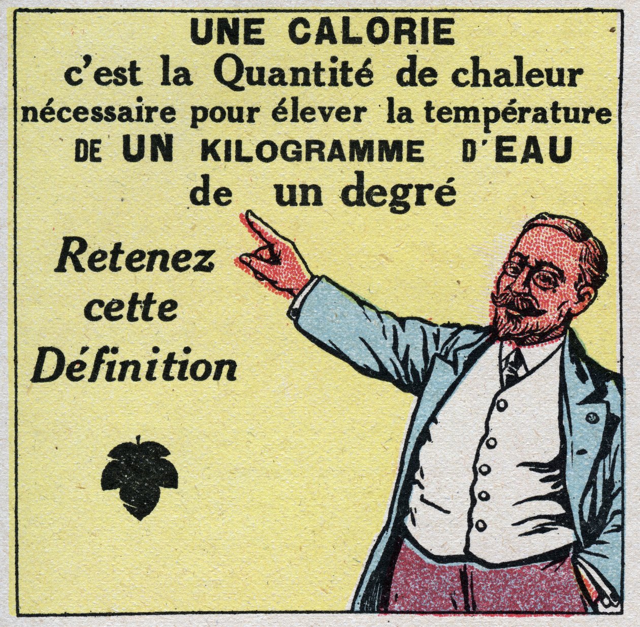 Kalorimetri: en kalorie er den mængde varme, der skal til for at hæve temperaturen på et kilo vand med en grad. Anonym illustration fra 1925. Privat samling. af Anonymous Anonymous