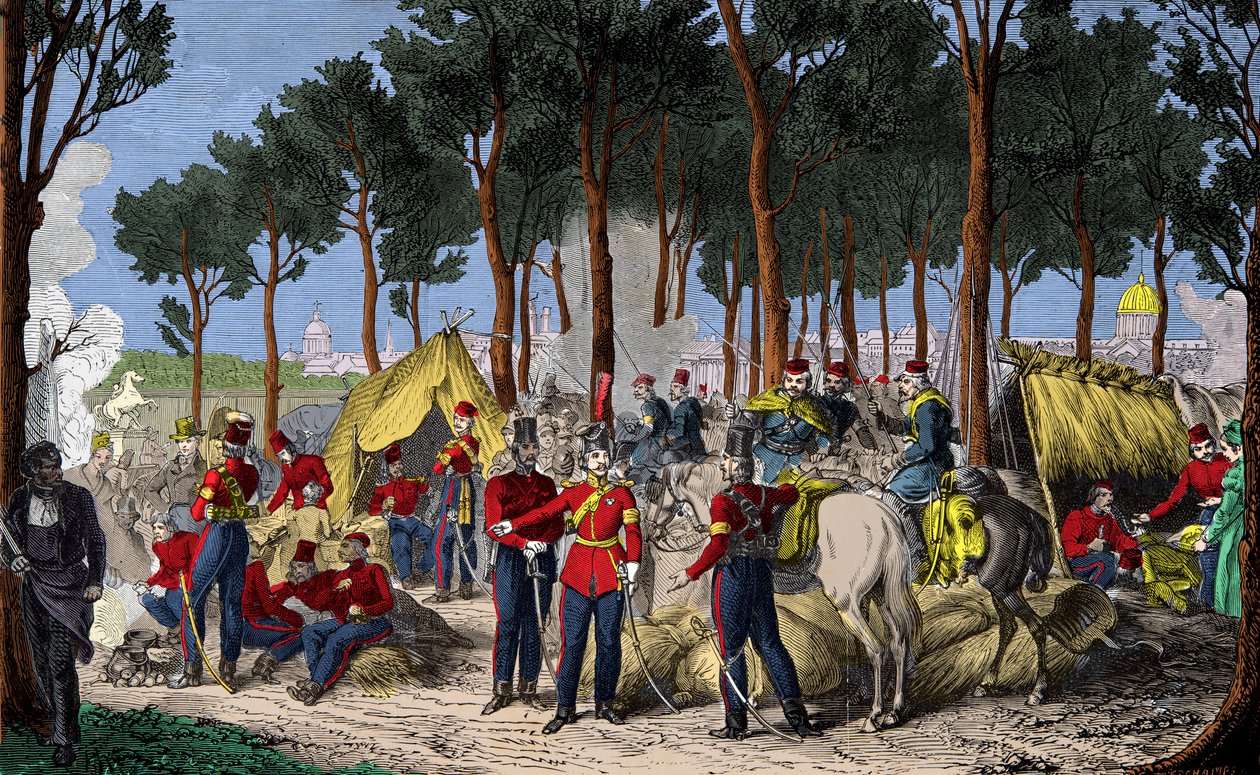 Camping af russiske og engelske tropper ved Champs Elysees i Paris i juli 1815 efter Napoleon 1.s nederlag, gravering, privat samling af Anonymous Anonymous