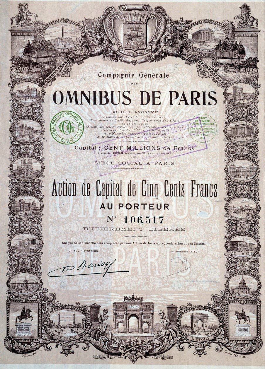 Kapitalandel på 500 Francs i Paris omnibus, 20. århundrede Coll. Del af Anonymous Anonymous