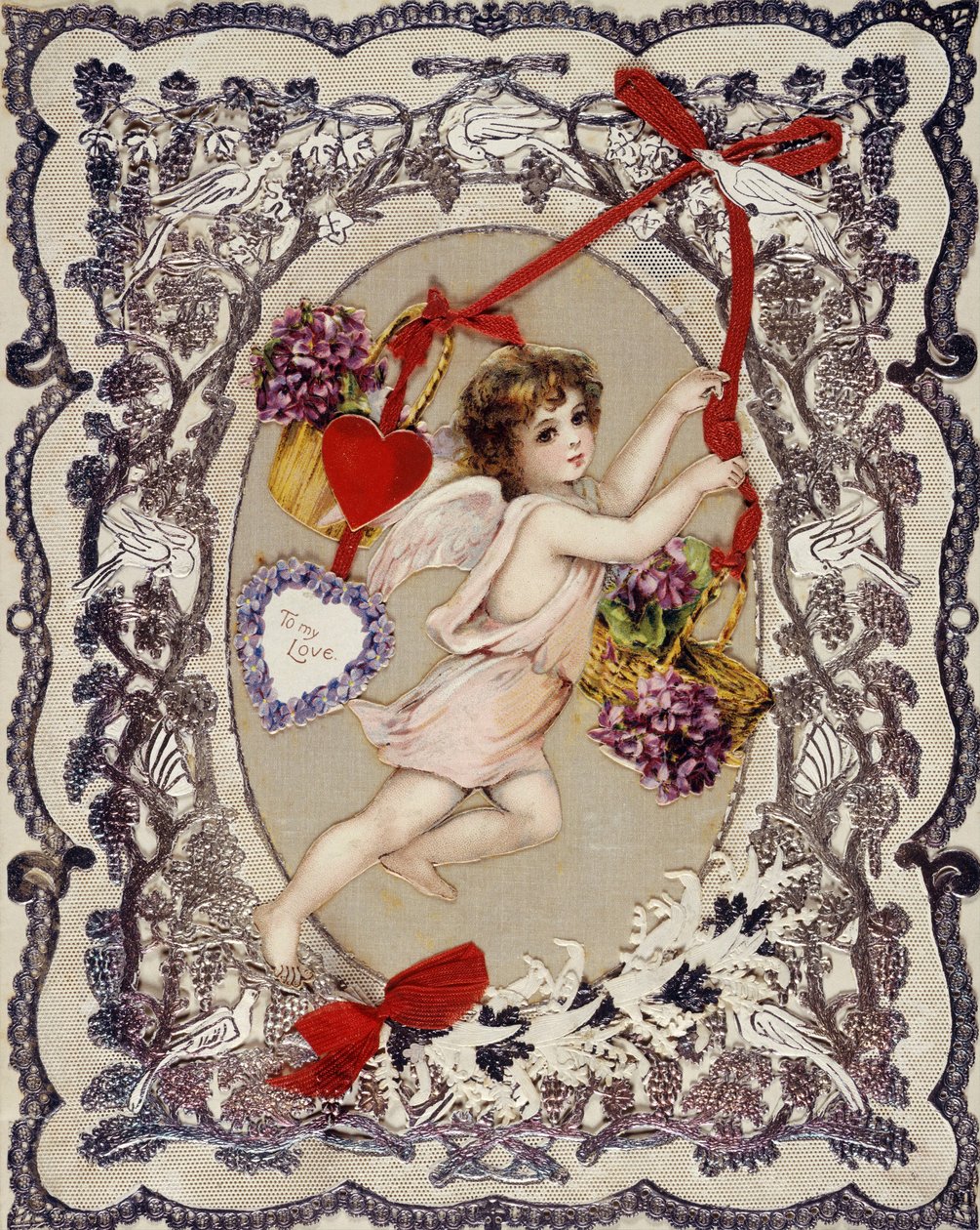 Valentinsdagskort - Anonymt arbejde, litografi, decoupage, papirkniplinger og bånd, ca. 1860-1870 - Valentinsdagskort, Blandede medier ombord - Privat samling af Anonymous Anonymous