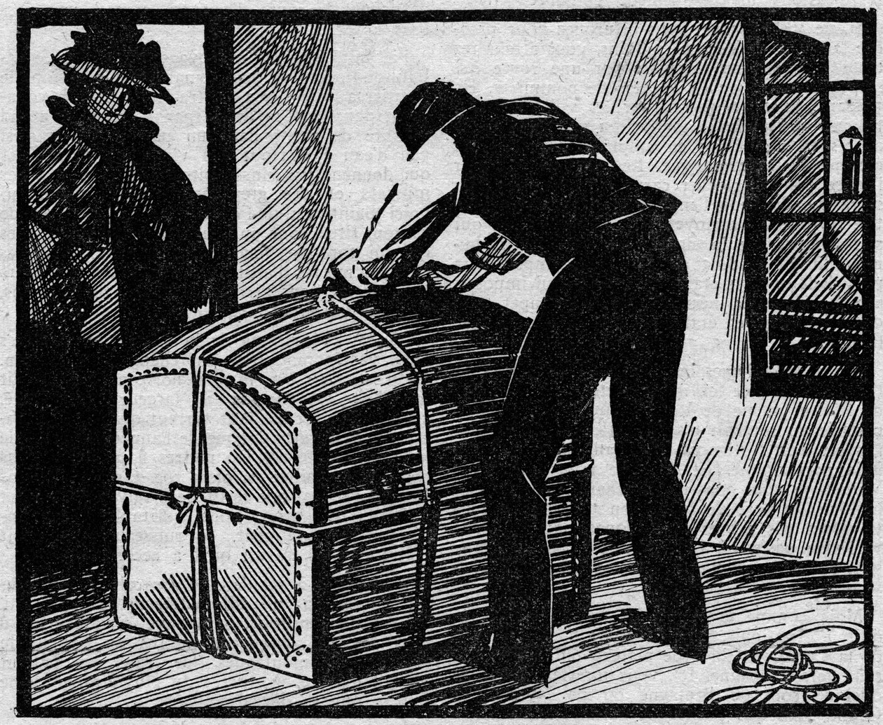 Case Eyraud-Bompard (Eyraud Bompard) eller sagen om den blodige stamme: opdagede stammen, der blev brugt til at skjule liget af fogeden Gouffe myrdet i 1888 i Paris af ægteparret Michel Eyraud og Gabrielle Bompard. Illustration taget fra "" Le petit journa af Anonymous Anonymous