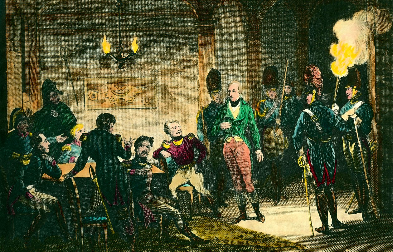 Sagen om Louis de Bourbon, hertugen af Enghien (1772-1804): Retssagen mod prinsen mistænkt for at have konspireret mod den første konsul Napoleon Bonaparte, han blev dømt og henrettet uden bevis. Stik fra 1804. Privat samling - Dommeren af Anonymous Anonymous
