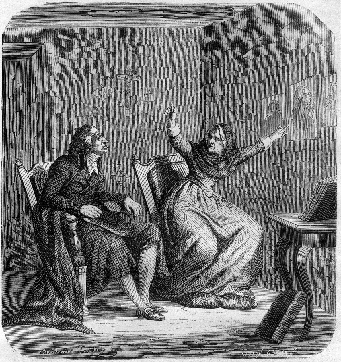 Catherine Theot (1716-1794) mystisk og fransk visionær med Antoine Christophe Gerle, dit Dom Gerle (1736-1801) - Indgravering i "Histoire des Girondins" af Alphonse de Lamartine (1790-1869) 1865-1866 - Privat samling af Anonymous Anonymous