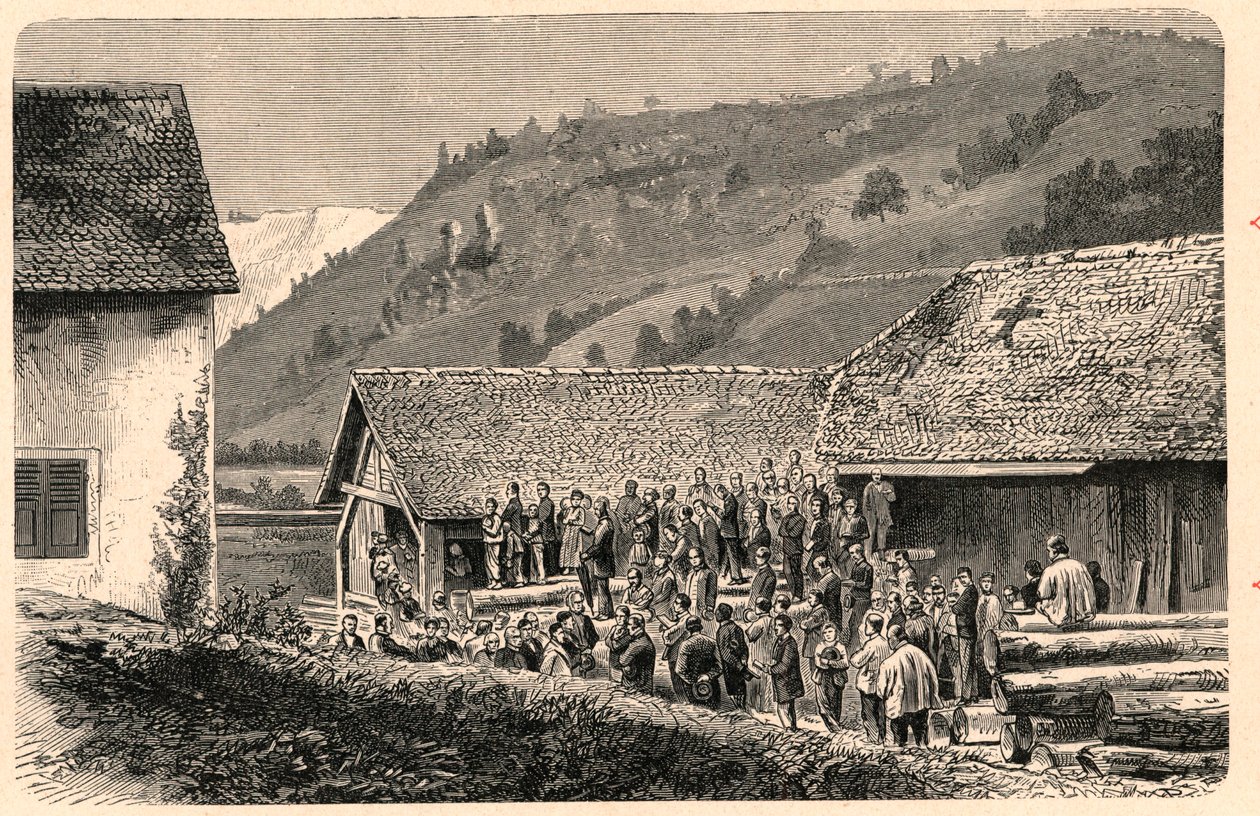 Fejring af katolsk gudstjeneste i Saint Ursanne (Saint Ursanne) i Schweiz i 1874, efter et fotografi. Indgravering i "The Catholic Missions in the XIXth Century"" af Louis-Eugene (Louis Eugene) Louvet. privat samling. af Anonymous Anonymous