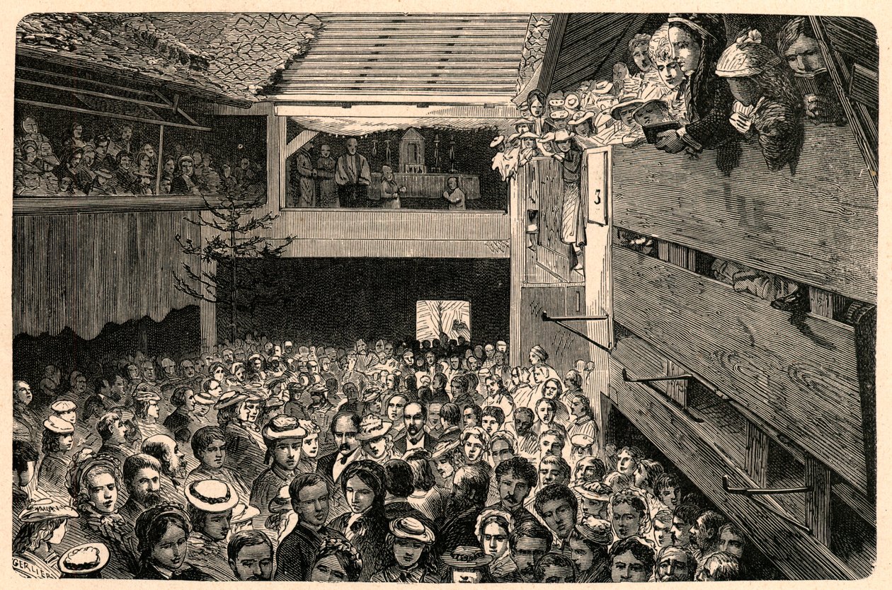 Fejring af den katolske gudstjeneste i Porrentruy, Schweiz i 1874, efter et fotografi. Indgravering i "Les Missions Catholiques au XIXeme Siecle"" af Louis-Eugene (Louis Eugene) Louvet. privat samling. af Anonymous Anonymous