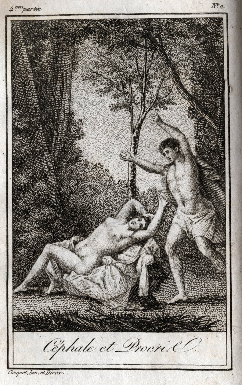 Cephale og Procris (Cephalus) kærestepar. Stik fra 1819 i "Lettres a Emilie sur la mythologie" af Charles Albert Demoustier (1760-1801). Privat samling. af Anonymous Anonymous
