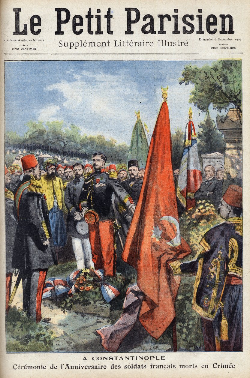 Ceremoni i Konstantinopel af Det Byzantinske Rige (Istanbul, Tyrkiet) til årsdagen for de franske soldater, der døde på Krim. En af avisen "" Le petit parisien"" den 6/09/1908. Privat samling. af Anonymous Anonymous