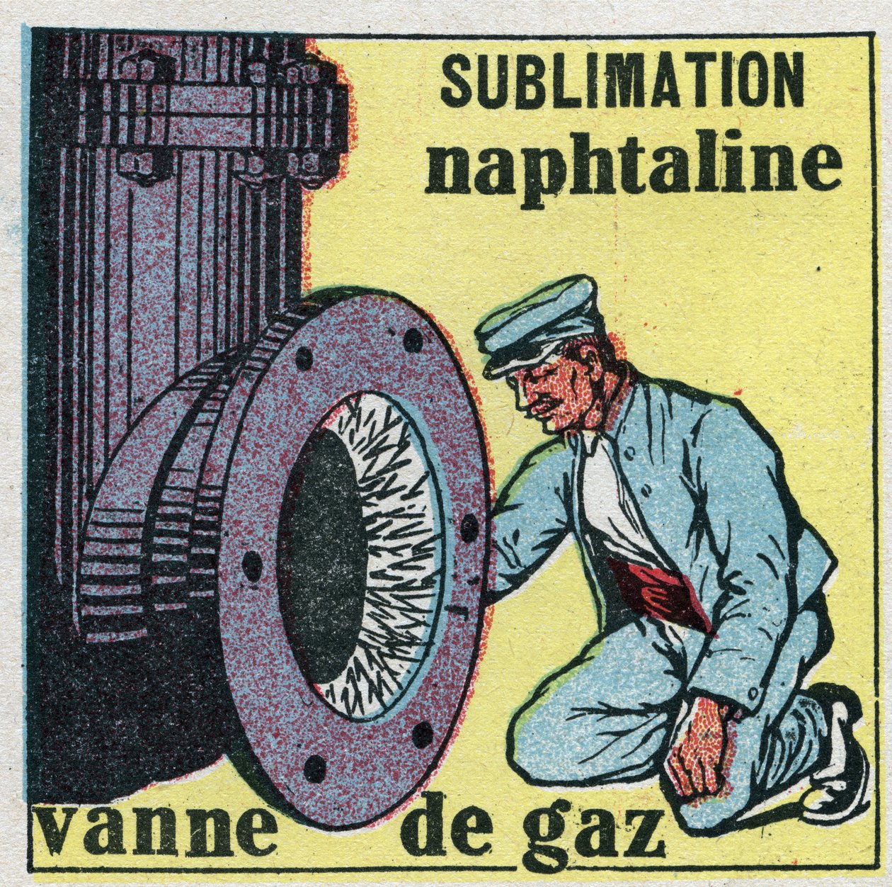 Ændringer i tilstande: sublimering. Naphthaline-depot, der tilstopper en gasventil. Anonym illustration fra 1925. Privat samling. af Anonymous Anonymous