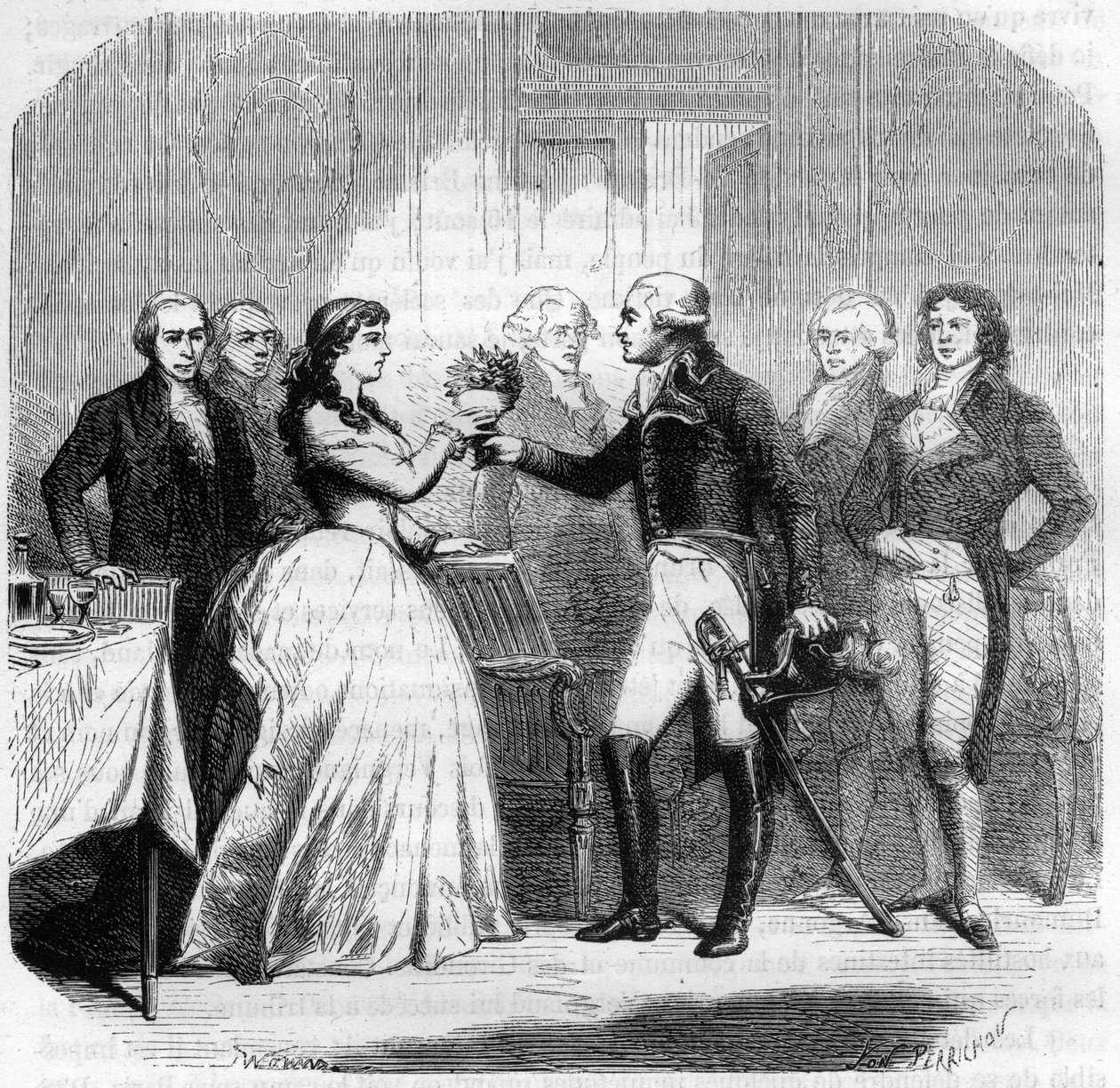 Charles Francois du Perier dit Dumouriez (1739-1823), fransk general hos Madame Roland (Manon Roland) (1754-1793) - Indgravering i "Histoire des Girondins" af Alphonse de Lamartine (1790-1869) 1865-1866 - Privat samling af Anonymous Anonymous